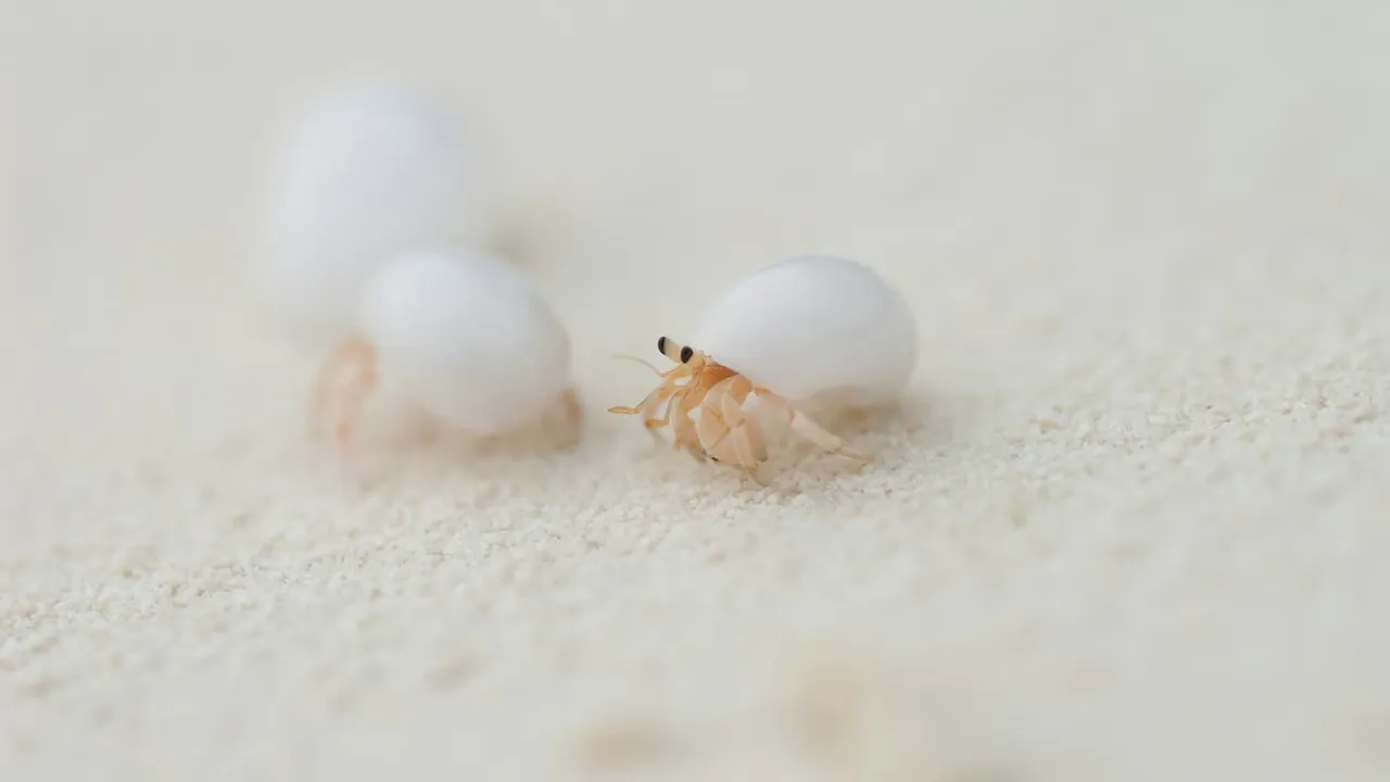 A tiny little hermit crab with a white shell.