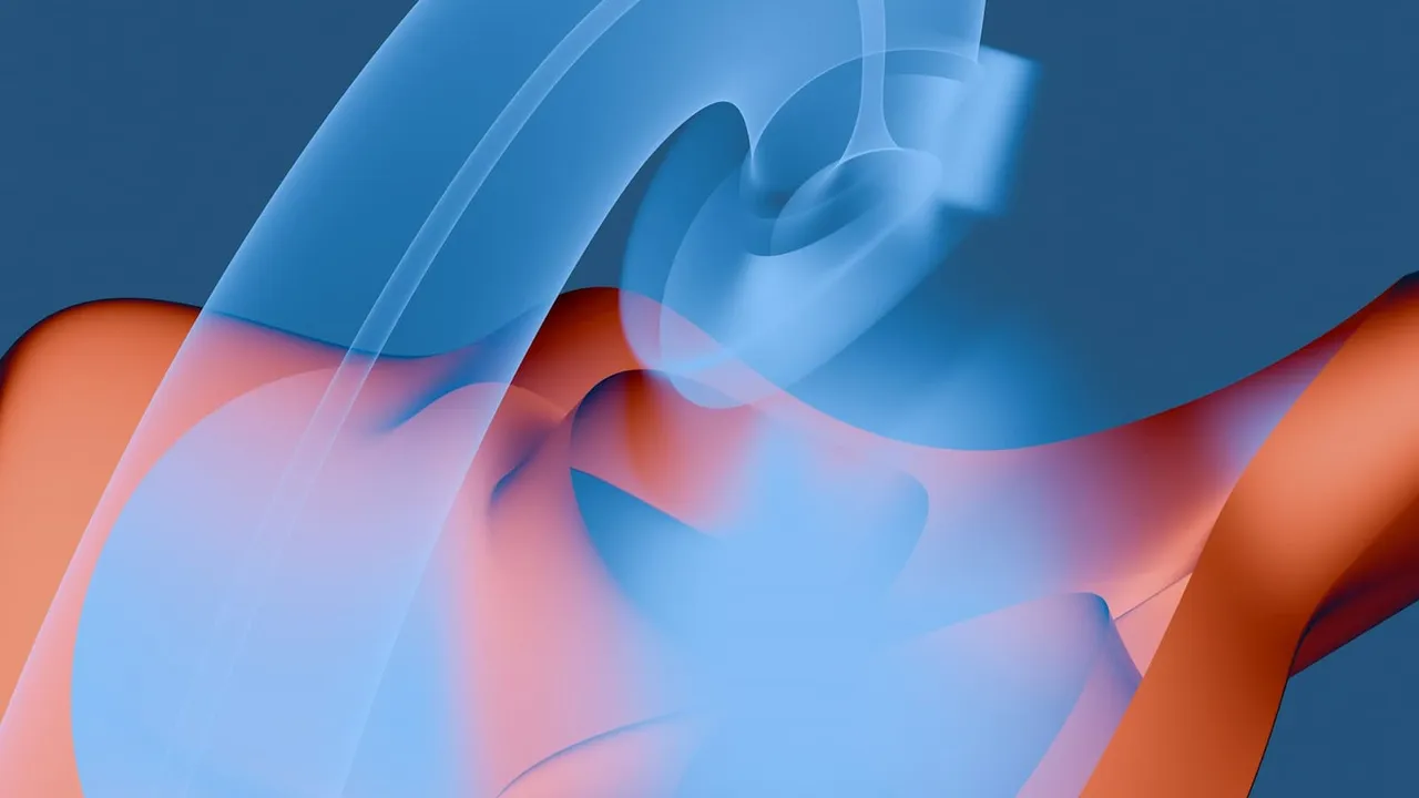 Abstract 3D render art showing a blue shape arching over an orange shape.